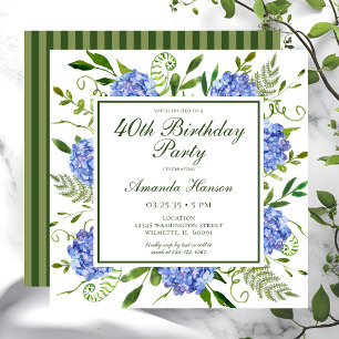 40th Birthday Blue Hydrangeas Script Invitation