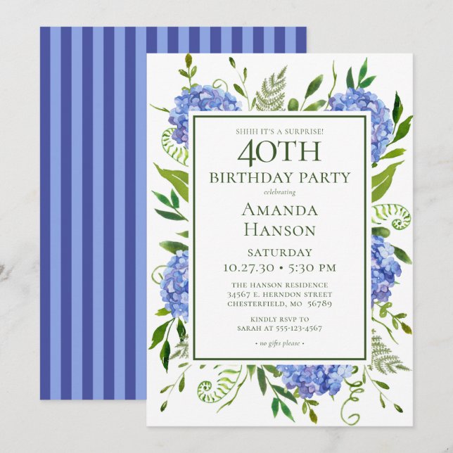 40th Birthday Blue Hydrangeas Surprise Party Invitation (Front/Back)