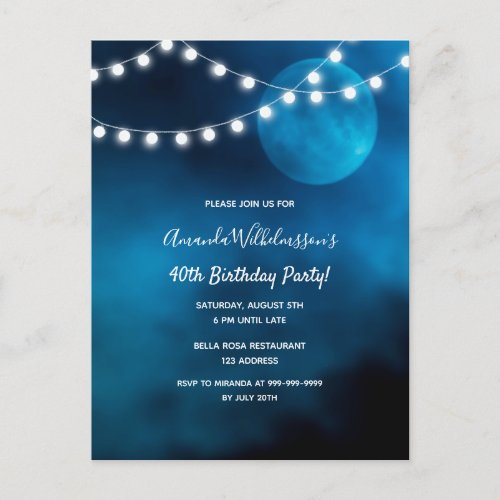 40th birthday blue moon light strings invitation postcard