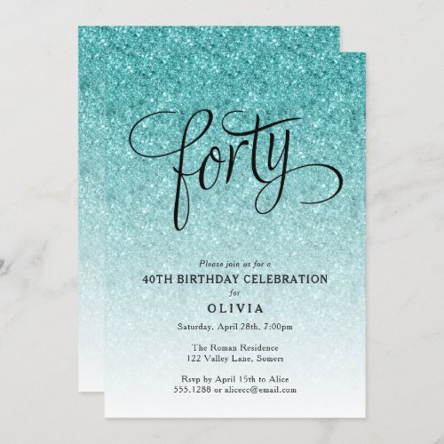 40th Birthday Blue Ombre Glitter Invitation
