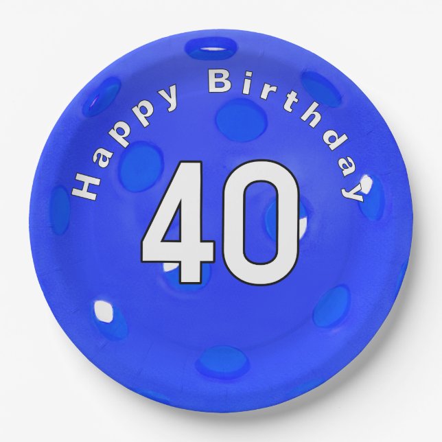40th Birthday Blue Pickleball Paper Plates (Front)