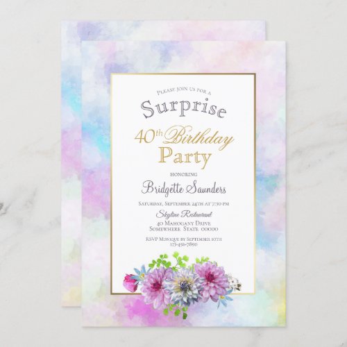 40th Birthday Blue Pink Floral Surprise Party Invitation