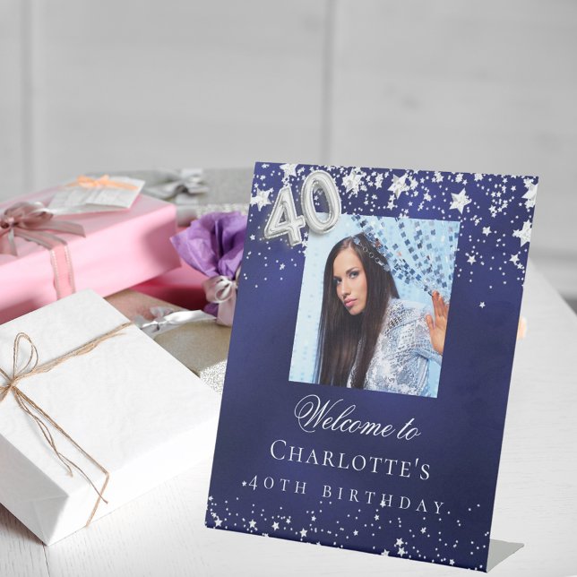 40th Birthday blue silver stars photo welcome Pedestal Sign (Creator Uploaded)