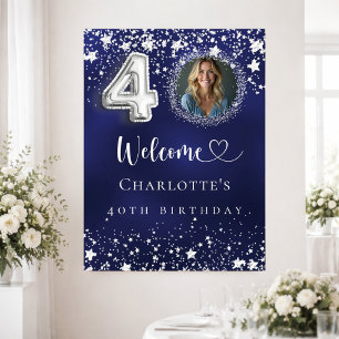 40th Birthday blue silver stars photo welcome Poster