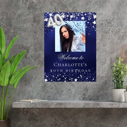 40th Birthday blue silver stars photo welcome Poster