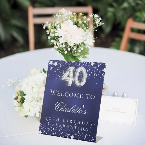 40th Birthday blue silver stars welcome party Pedestal Sign