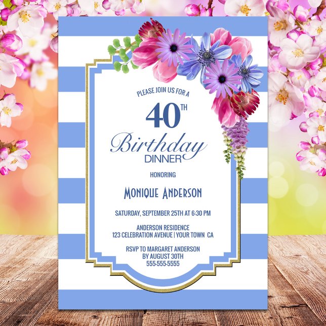 40th Birthday Blue Striped Floral Dinner Party Invitation (Creator Uploaded)