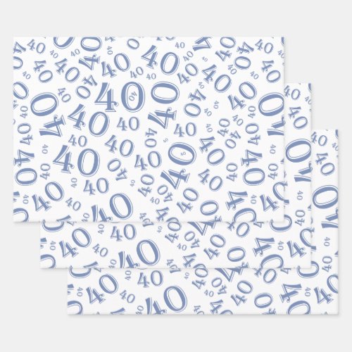 40th Birthday BlueWhite Random Number Pattern 40 Wrapping Paper Sheets