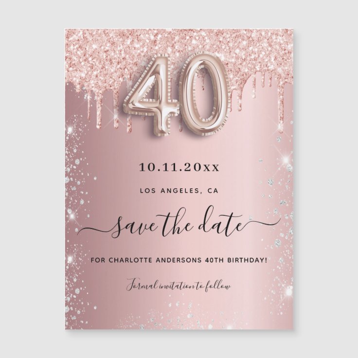 40th birthday blush glitter save the date magnet | Zazzle