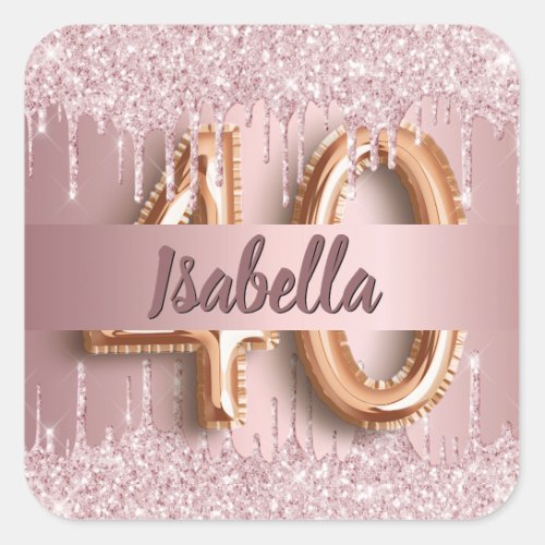 40th birthday blush pink glitter drips name square sticker