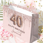 40th birthday blush pink glitter drips rose gold large gift bag<br><div class="desc">Elegant, classic, glamorous and girly for a 40th birthday party. A blush pink background. Decorated with rose gold, pink faux glitter drips, paint dripping look. Personalize and add a name. With the text: Happy Birthday. The name is written with a modern dark rose colored hand lettered style script. Number 40...</div>
