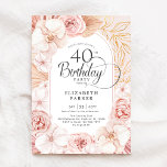 40th Birthday Blush Pink Gold Floral Invitation<br><div class="desc">Watercolor floral 40th birthday party invitation. Beautiful elegant feminine design with hand painted tropical botanical accents and gold foliage. Features delicate watercolor orchids, roses, peonies, dried banana leaves, pampas grass and trendy typography font. You can choose printed invitations and/or instant download digital template. Personalize with your own details. Perfect for...</div>