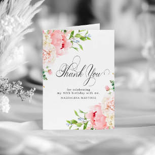 40th Birthday Blush Pink Peony Floral Folded Letterpress Thank You Card