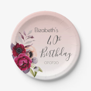 40th birthday blush pink rose gold floral paper plates