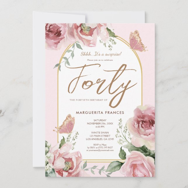  40th Birthday Blush Pink Watercolor Floral Roses Invitation (Front)