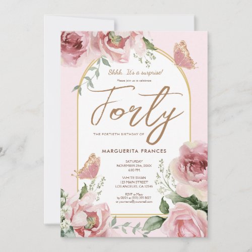  40th Birthday Blush Pink Watercolor Floral Roses Invitation