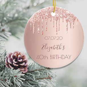 40th birthday blush rose gold glitter drips name ceramic ornament