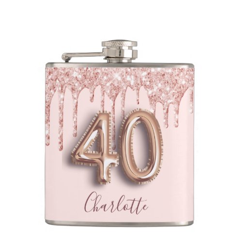 40th birthday blush rose gold glitter drips name flask