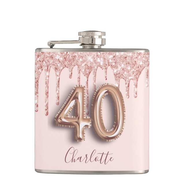 40th birthday blush rose gold glitter drips name flask (Front)