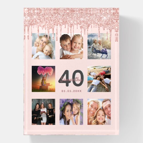 40th birthday blush rose gold glitter photo name paperweight