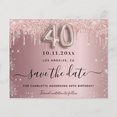 40th birthday blush silver budget save the date flyer