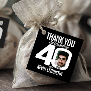 40th birthday bold black white photo favor tags