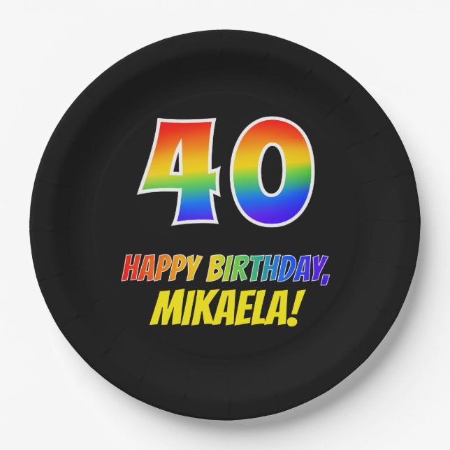 40th Birthday: Bold, Fun, Simple, Rainbow 40 Paper Plates (Front)