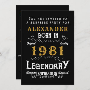 40th Birthday Born 1981 Black Gold Retro Vintage Invitation