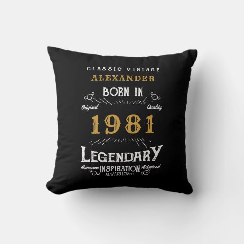 40th Birthday Born 1981 Retro Black Personalized Throw Pillow