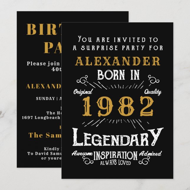 40th Birthday Born 1982 Black Gold Retro Invitation (Front/Back)