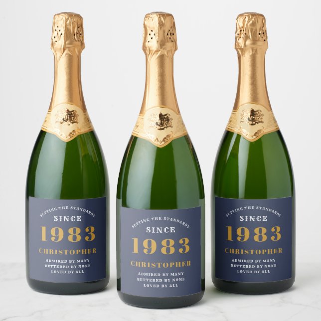 40th Birthday Born 1983 Add Name Blue Gold Sparkling Wine Label (Bottles)