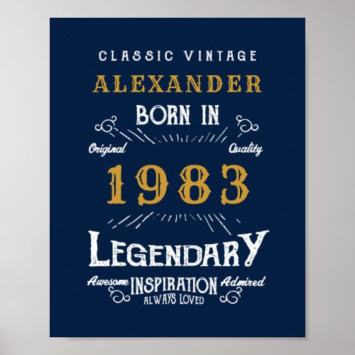 40th Birthday Born 1983 Add Name Legend Blue Gold Poster