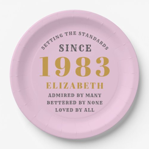 40th Birthday Born 1983 Add Name Pink Gray Paper Plates