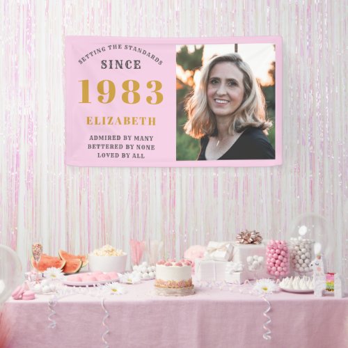 40th Birthday Born 1983 Add Name Pink Gray Photo Banner