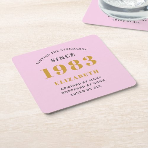 40th Birthday Born 1983 Add Name Pink Gray Square Paper Coaster