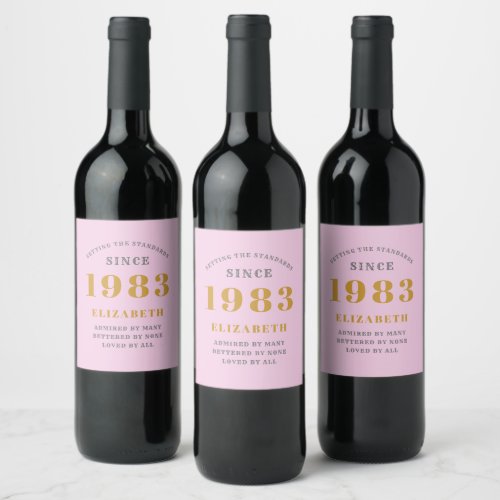 40th Birthday Born 1983 Add Name Pink Gray Wine Label