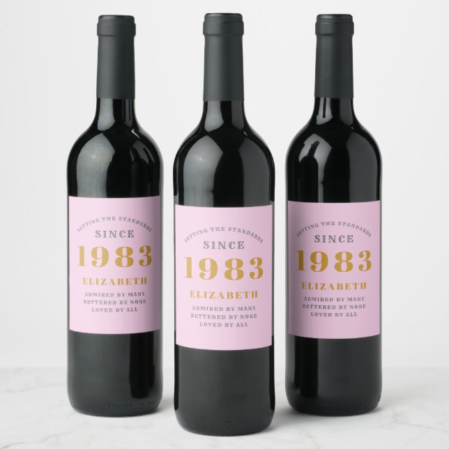 40th Birthday Born 1983 Add Name Pink Gray Wine Label (Bottles)