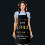 40th Birthday Born 1983 Black Gold Lady's Apron<br><div class="desc">A personalized classic black apron design for that birthday celebration. Add the name to this vintage retro style black, white and gold design for a custom birthday gift. Easily edit the name and year with the template provided. A wonderful custom birthday gift. More gifts and party supplies for that party...</div>