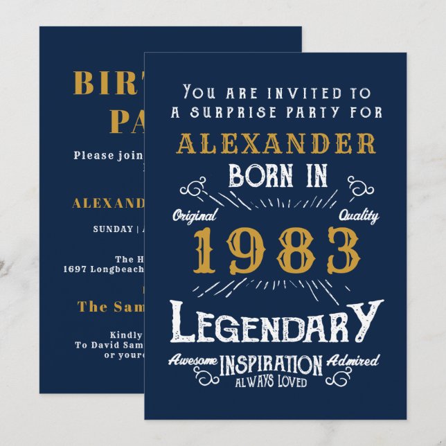 40th Birthday Born 1983 Blue Gold Retro Legend Invitation (Front/Back)