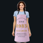 40th Birthday Born 1983 Pink Grey Lady's Apron<br><div class="desc">A personalized classic pink apron design for that birthday celebration. Add the name to this vintage retro style pink, grey and gold design for a custom birthday gift. Easily edit the name and year with the template provided. A wonderful custom birthday gift. More gifts and party supplies for that party...</div>