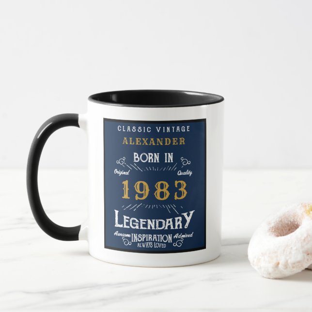 40th Birthday Born 1983 Retro Legend Blue Gold Mug (With Donut)