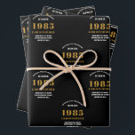 40th Birthday born 1985 Add Name Black Gold Wrapping Paper Sheets<br><div class="desc">A personalized wrapping paper design for that birthday celebration for a special person. Add the name to this vintage retro style black and gold design for a custom birthday gift. Easily edit the name and year with the template provided. A wonderful custom birthday gift. More gifts and party supplies for...</div>