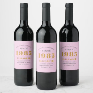 40th Birthday Born 1985 Add Name Pink Grey Wine Label