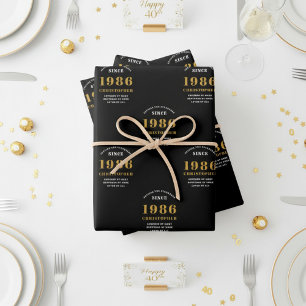 40th Birthday born 1986 Add Name Black Gold Wrapping Paper Sheets