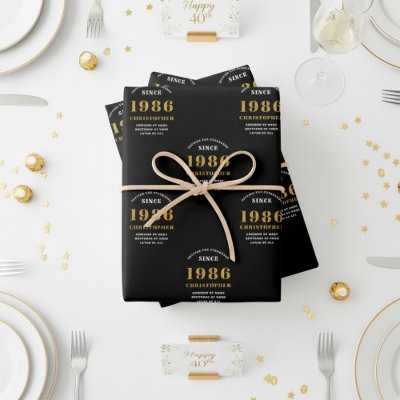 40th Birthday born 1986 Add Name Black Gold Wrapping Paper Sheets