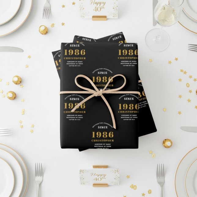 40th Birthday born 1986 Add Name Black Gold Wrapping Paper Sheets (1986 wrapping paper white background)