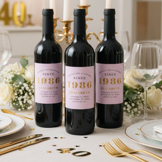 40th Birthday Born 1986 Add Name Pink Grey Wine Label (Pink wine bottle labels on red wine bottles.)