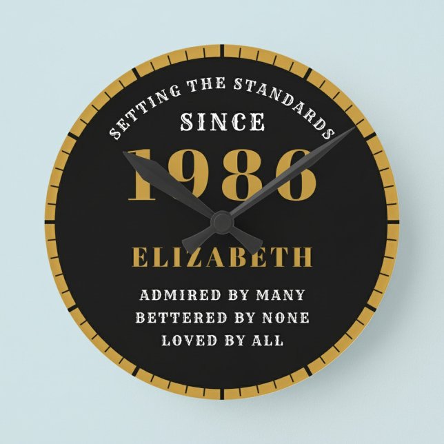 40th Birthday Born 1986 Black Gold Round Clock (Born 1986 standards birthday clock. Pastel background.)