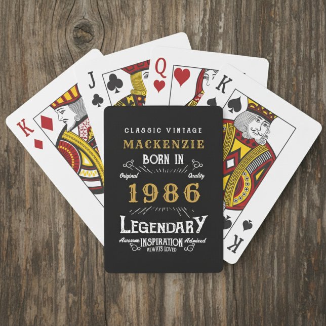 40th Birthday Born 1986 Legend Black Gold Poker Cards (Born 1986 playing card. Wood background.)