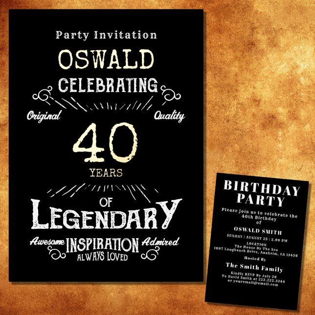 40th Birthday Born Legendary Black Gold Retro Foil Invitation (For those celebrating their 40th birthday we have the ideal birthday party invitation)